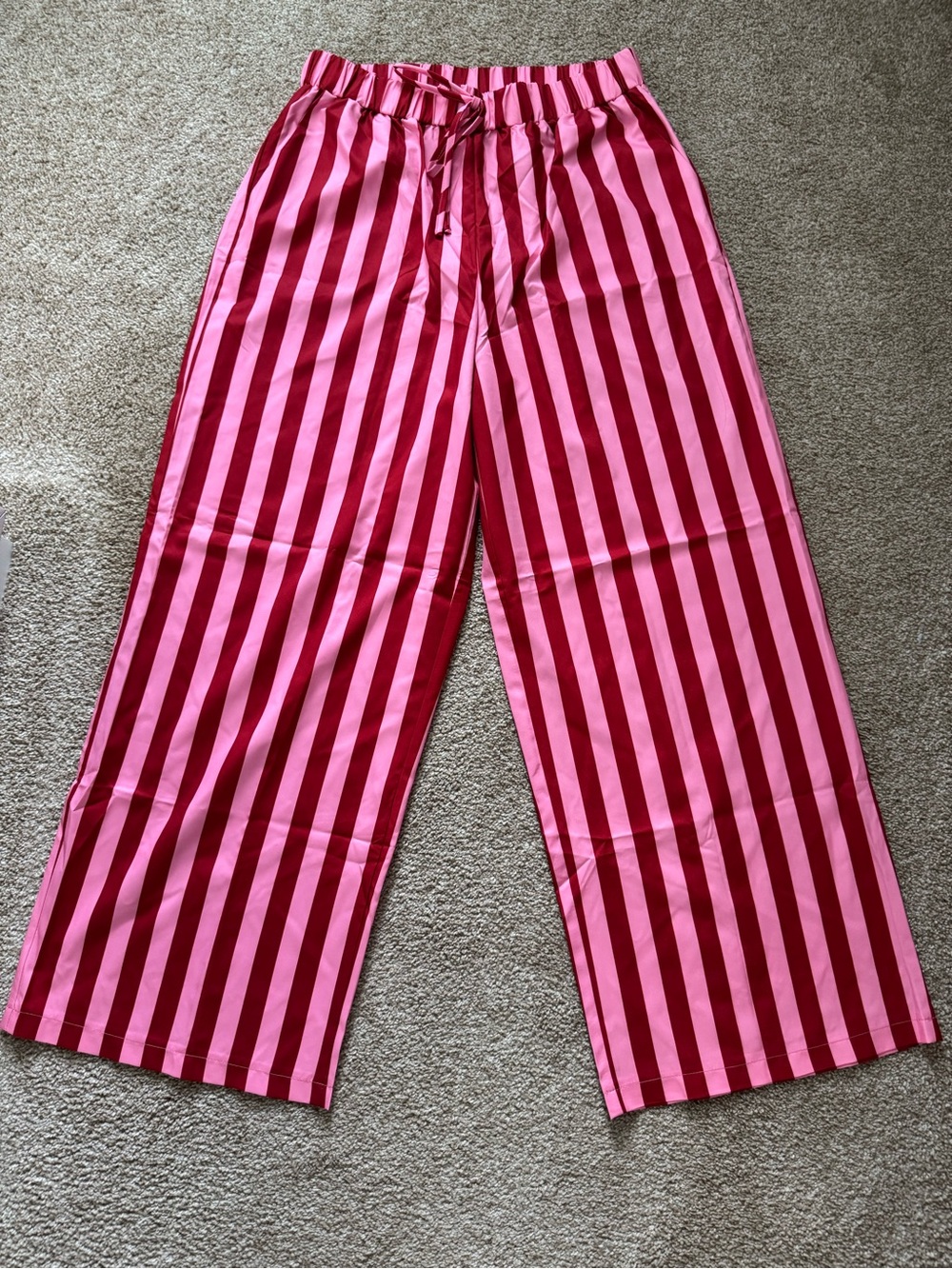 Wide-Leg Pink & Red Striped Drawstring Trousers